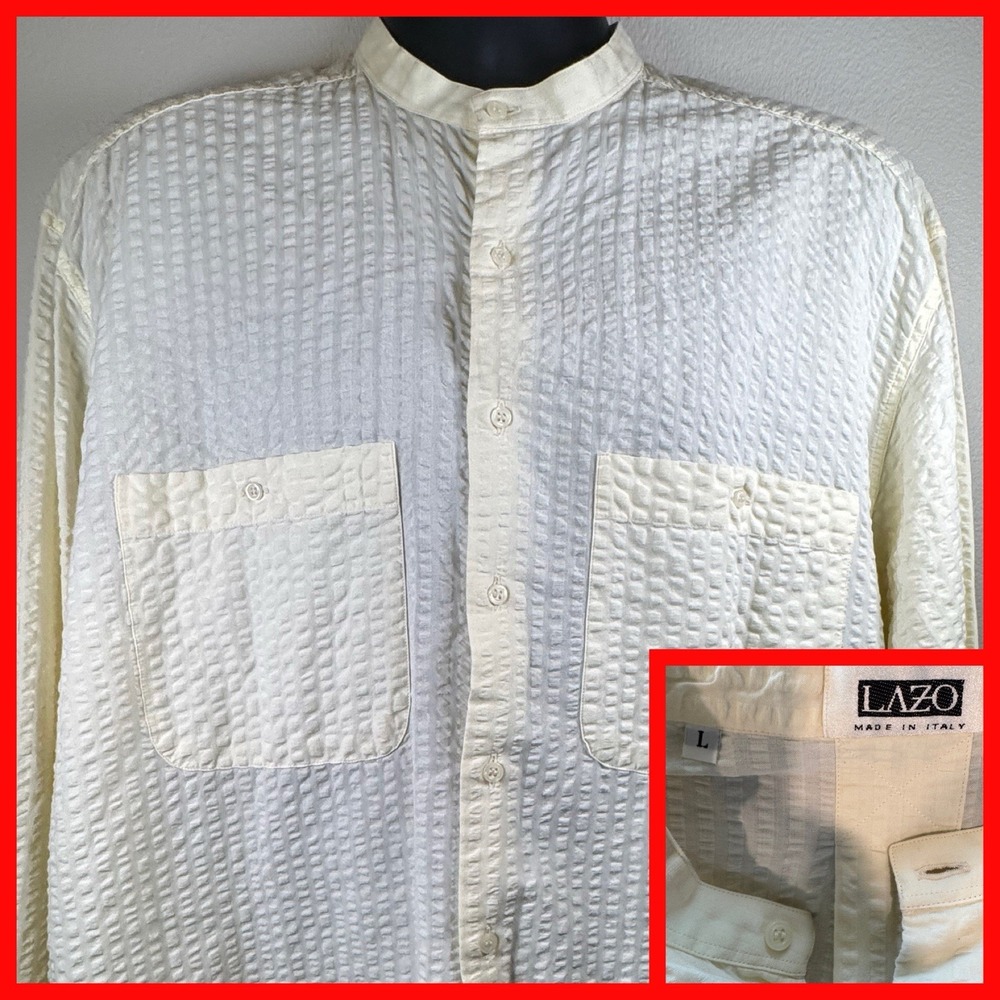 Lazo Button Down Shirt Mens L Off-White Mandarin Collar Seersucker Made in Italy